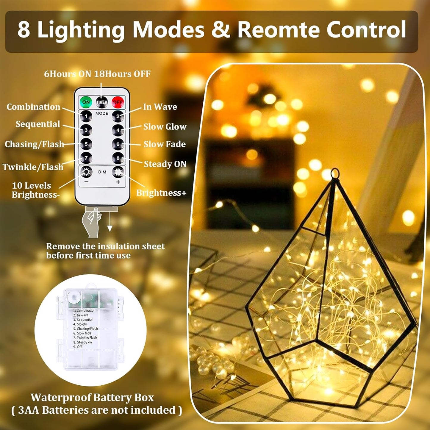 2-Pack Fairy Lights Battery Operated with Remote, Waterproof 33FT 100 LED Battery String Lights Outdoor Indoor, 8 Modes Twinkle Lights with Timer for Bedroom Classroom DIY Christmas Decor (Warm White)