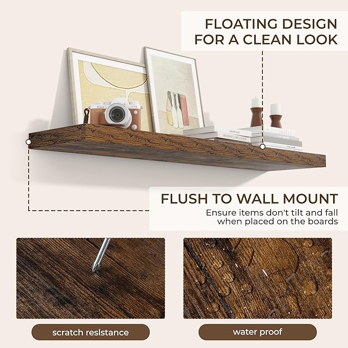 RICHFOCUS 40Inch Floating Shelves for Wall 2 Pack Shelves for Bedroom|Kitchen|Bathroom Wall Mounted Rustic Wood Floating Shelf with Invisible Brackets for Books|Storage|Decor, Rustic Brown