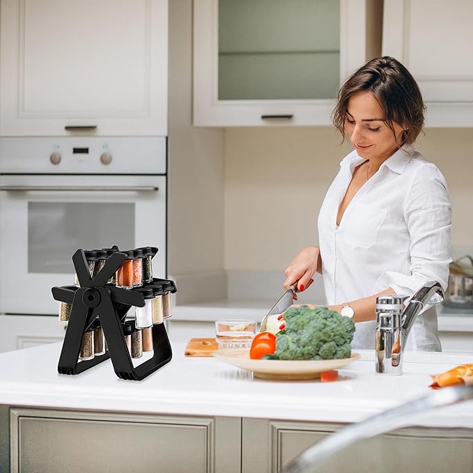 Rotating Spice Rack - Revolving Ferris Wheel Countertop Spice Organization with 18 Glass Spice Jars Countertop Spice Storage Rack for Families Kitchen
