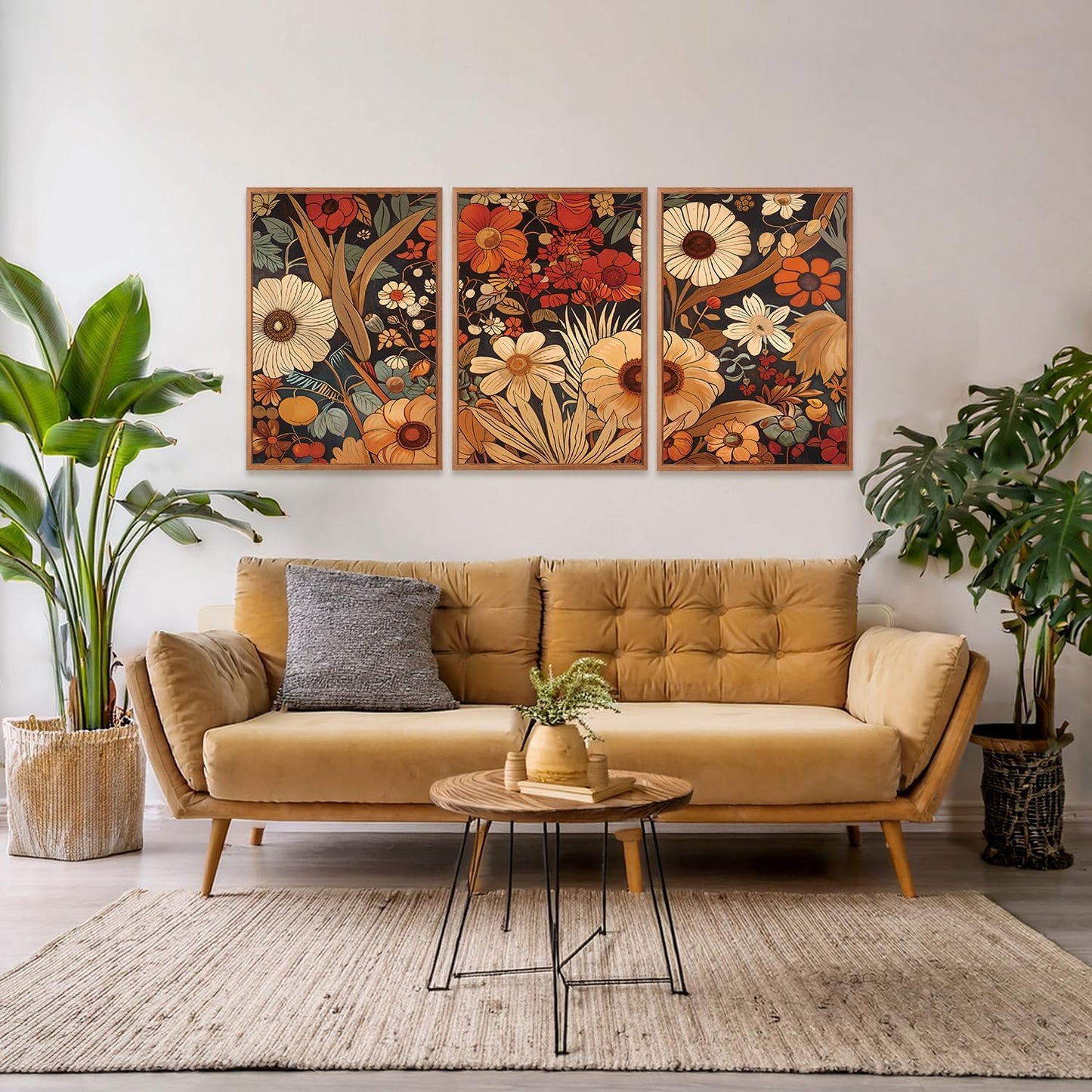 Aurlan Boho Burnt Orange Terracotta Wildflowers Framed Wall Art(16"x24"), 3 PCS Abstract Floral 3D Textured Canvas Artwork, Large Modern Vintage Botanical Nature Art Wall Decor for Home Office Living Room Bedroom