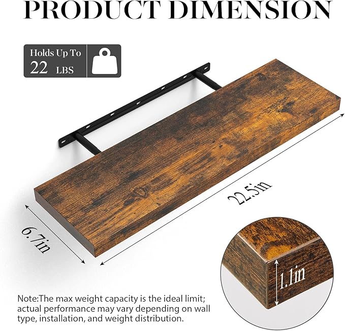 BAYKA Floating Shelves Set of 2, 22.5" Rustic Wood Wall Mounted Shelves for Bedroom, Living Room, Kitchen & Office, Hanging Display Shelf with 22 lbs Capacity (Rustic Brown)
