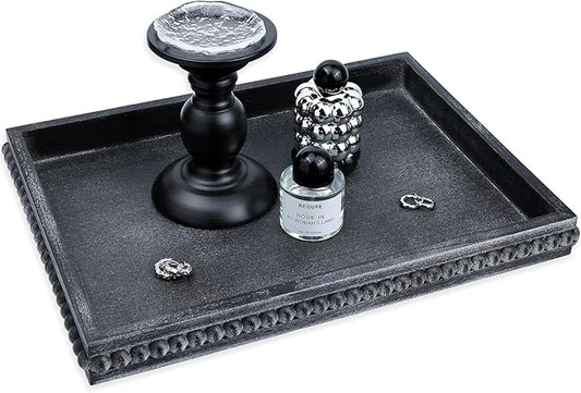 Rectangle Wood Serving Tray with Beads, Black Washed Wooden Decorative Tray for Entertaining, Decoration, and Gifting