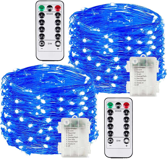 2 Pack Each 33Ft 100LED Battery Operated Fairy Lights with Remote, Waterproof Battery Christmas Twinkle Light with Timer, String Lights for Bedroom Christmas Decorations (Blue)