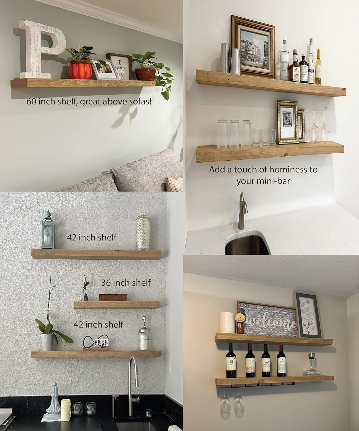joelsantiques 42 Inch Wooden Floating Shelves for Wall - 42x6x2 in - Made of Natural Wood - Long Heavy Duty Rustic Wall Shelves for Bedroom - Perfect for Living Room, Kitchen - Natural