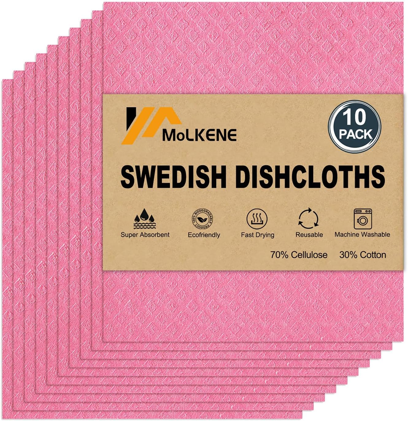 Swedish Dishcloths - 10 Pack Reusable Kitchen Dishcloths - Ultra Absorbent Dish Towels for Washing Dishes - Cellulose Sponge Cloth Cleaning Cloths - Pink