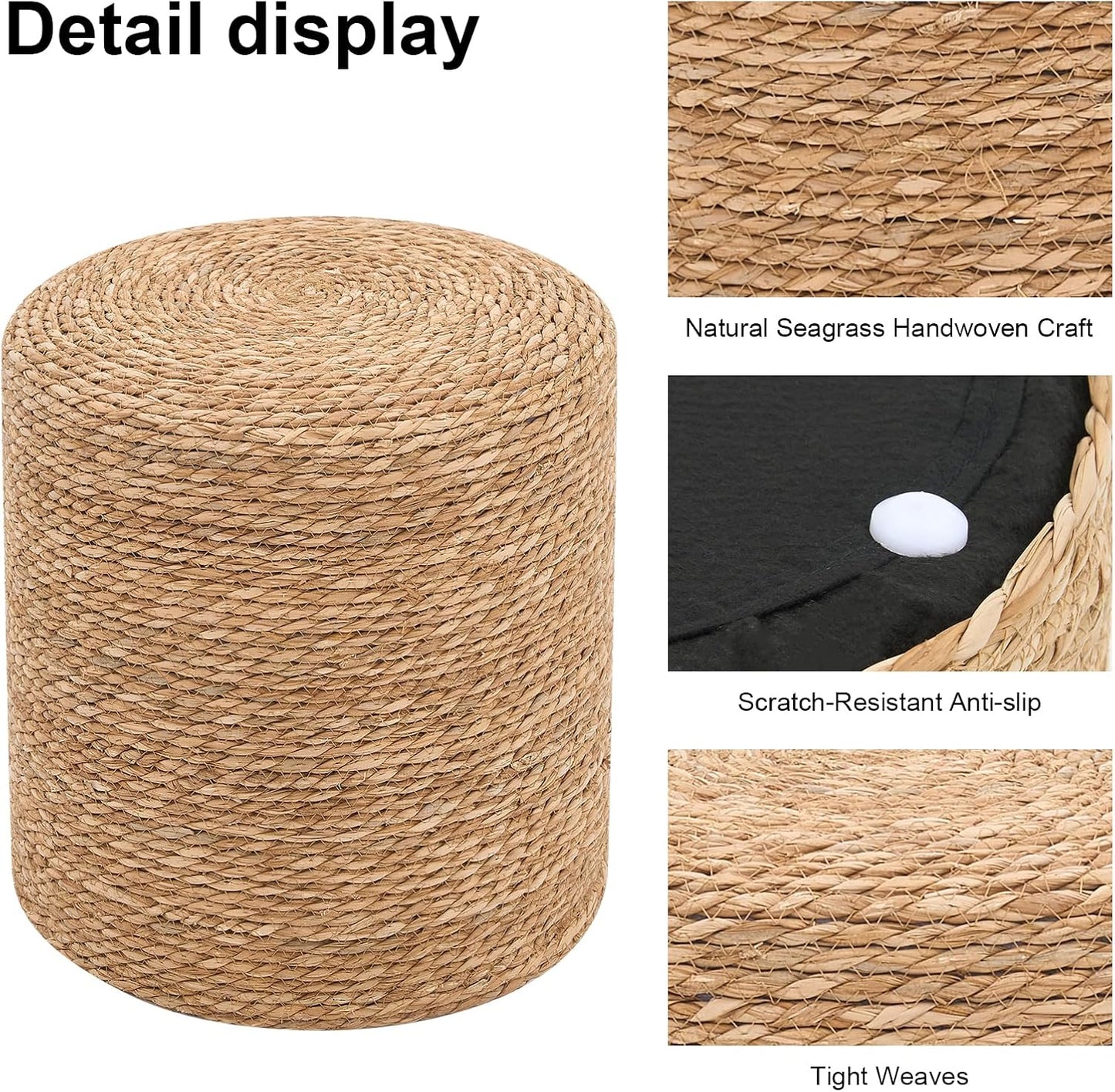 Pouf Ottomans, Handwoven Natural Straw Footstool, Round Braided Outdoor Patio Stool with Wood Frame, Boho Decor Accent Seat Balcony, or Garden (Natural)