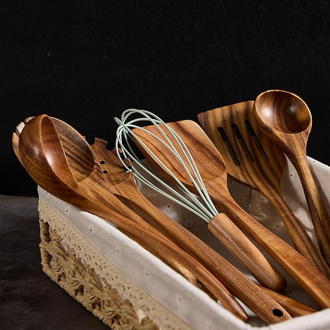 Wooden Kitchen Utensils Set, Teak Wood Cooking Spoons for Non-Stick Pans, 8 Pieces