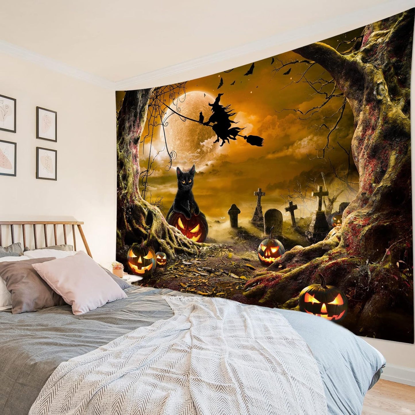 LB Halloween Wall Tapestry - Horror Witch Cat, Dead Tree, Pumpkin Lights With Spooky Graveyard, Orange Full Moon Over Misty Forest for Bedroom Living Room Dorm - 80x60 Inches