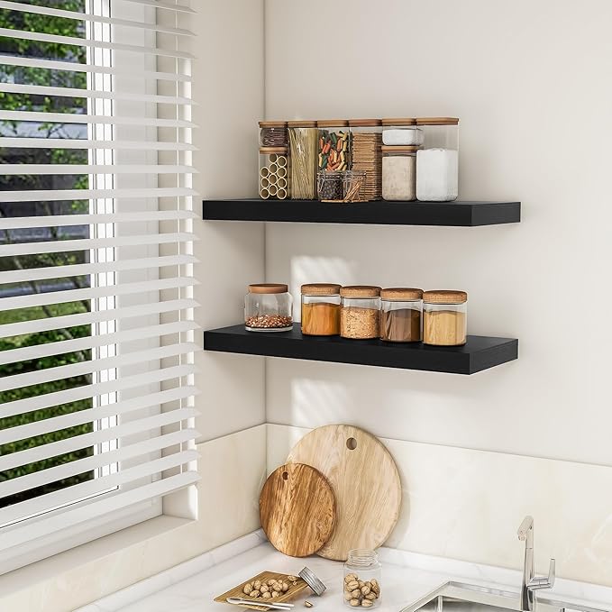 RICHFOCUS 31.5Inch Floating Shelves for Wall 2 Pack Shelves for Bedroom|Kitchen|Bathroom Wall Mounted Rustic Wood Floating Shelf with Invisible Brackets for Books|Storage|Decor, Black
