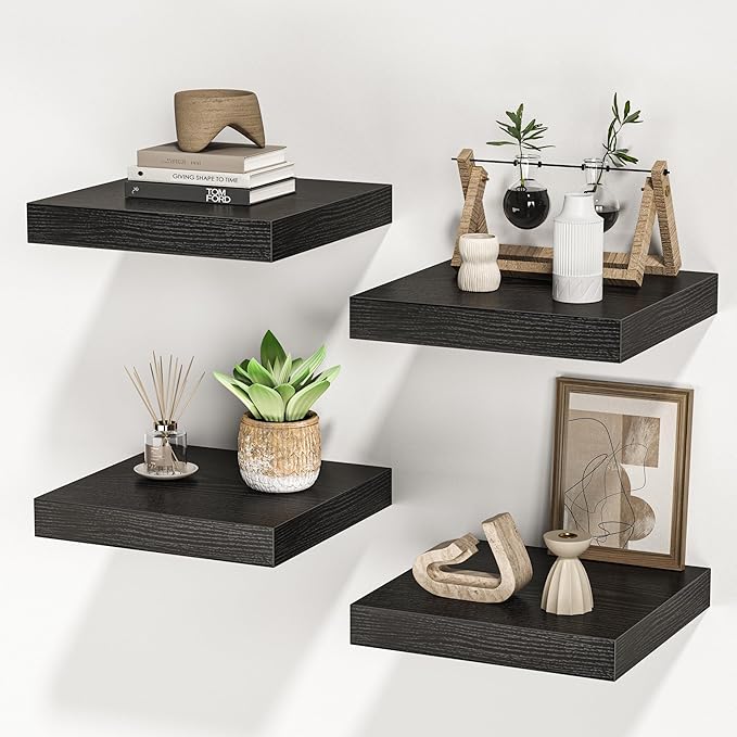 Square Floating Shelves for Wall, 10" W x 10" D x 1.2" H, Small Wooden Wall Mounted Display Shelves with Invisible Brackets for Living Room, Bedroom, Bathroom, Kitchen Decor, Set of 4, Black