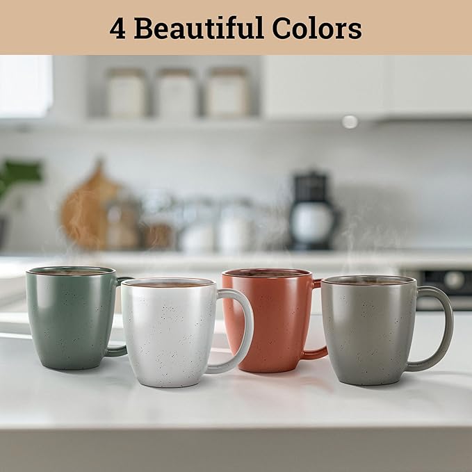 Ceramic Coffee Mugs Set of 4 - 16 oz Coffee Mug Set of 4 - Thick Durable Ceramic Mugs with Comfortable Handles - Dishwasher & Microwave Safe - Mug Sets 4 Beautiful Colors - Large 16 oz Full Capacity