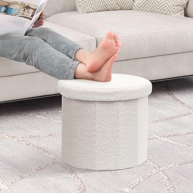 B FSOBEIIALEO Storage Ottoman Cube, Round Ottomans with Storage Foot Stool Footrest for Lving Room, Boucle Ottoman Seat for Dorm Room,Faux Teddy Fur, Cream White 15"x15"x15"