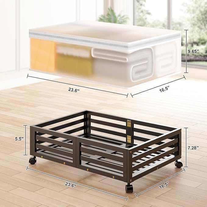 Under Bed Storage Containers With Wheels - 2 Pcs Bamboo Wood Rolling Underbed Shoe Storage Bins With Dust Bags for Clothes Blankets, Duvet Covers Snacks Toys (Black)