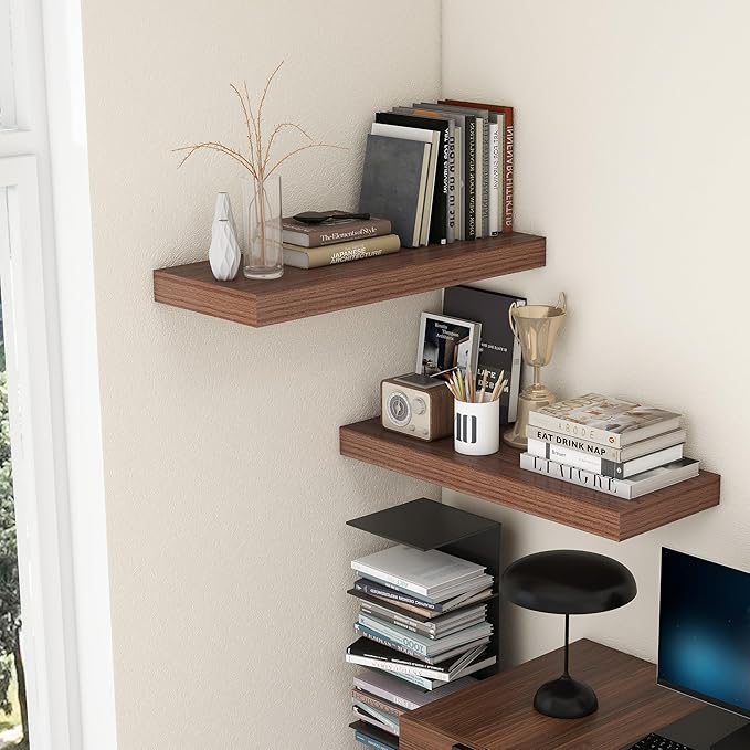 Deep Floating Shelves for Wall | 12 Inch Deep Floating Shelves 30 Inches Long Set of 2 | Rustic Walnut Floating Shelves for Living Room Bathroom Laundry Room Bedroom Kitchen Home Office