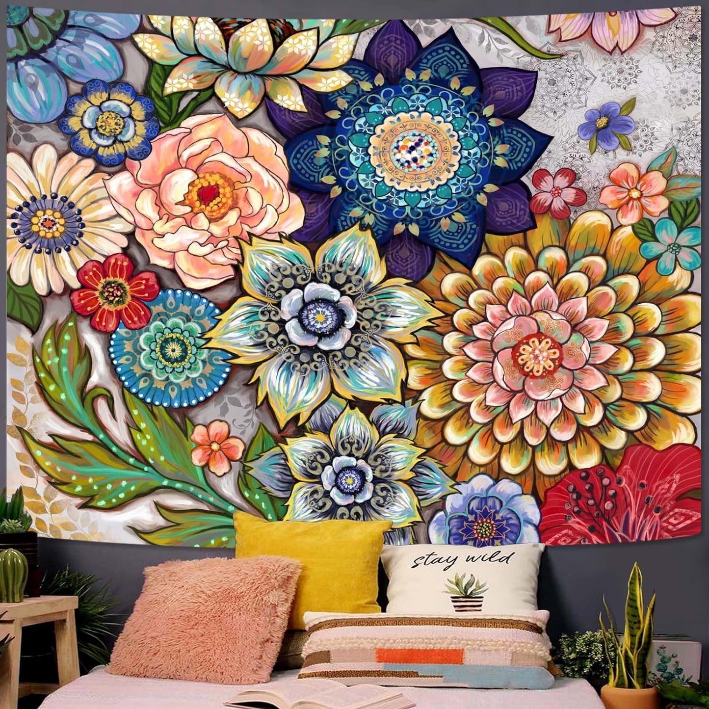 Neasow Colorful Floral Tapestry Wall hanging, Bright Boho Fabric Blossom Tapestries, Multi Color Tapestry for Bedroom Home Hippie Wall Decor 68×90 inch