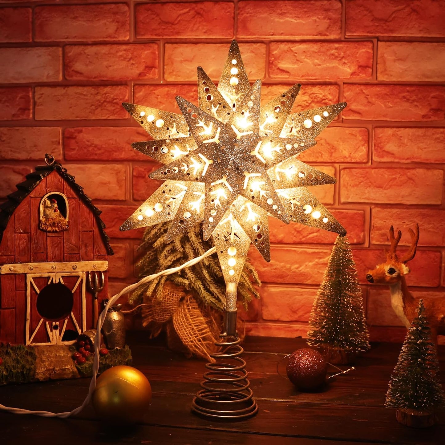 ODEETRONIC Silver Glittered Snowflake Tree Topper, 8 in 3D Christmas Tree Star Topper with 25 Clear Lights, 120V UL Certified Snowflake Tree Toppers, Warm Silver Tree Toppers for Xmas Tree Party Decor