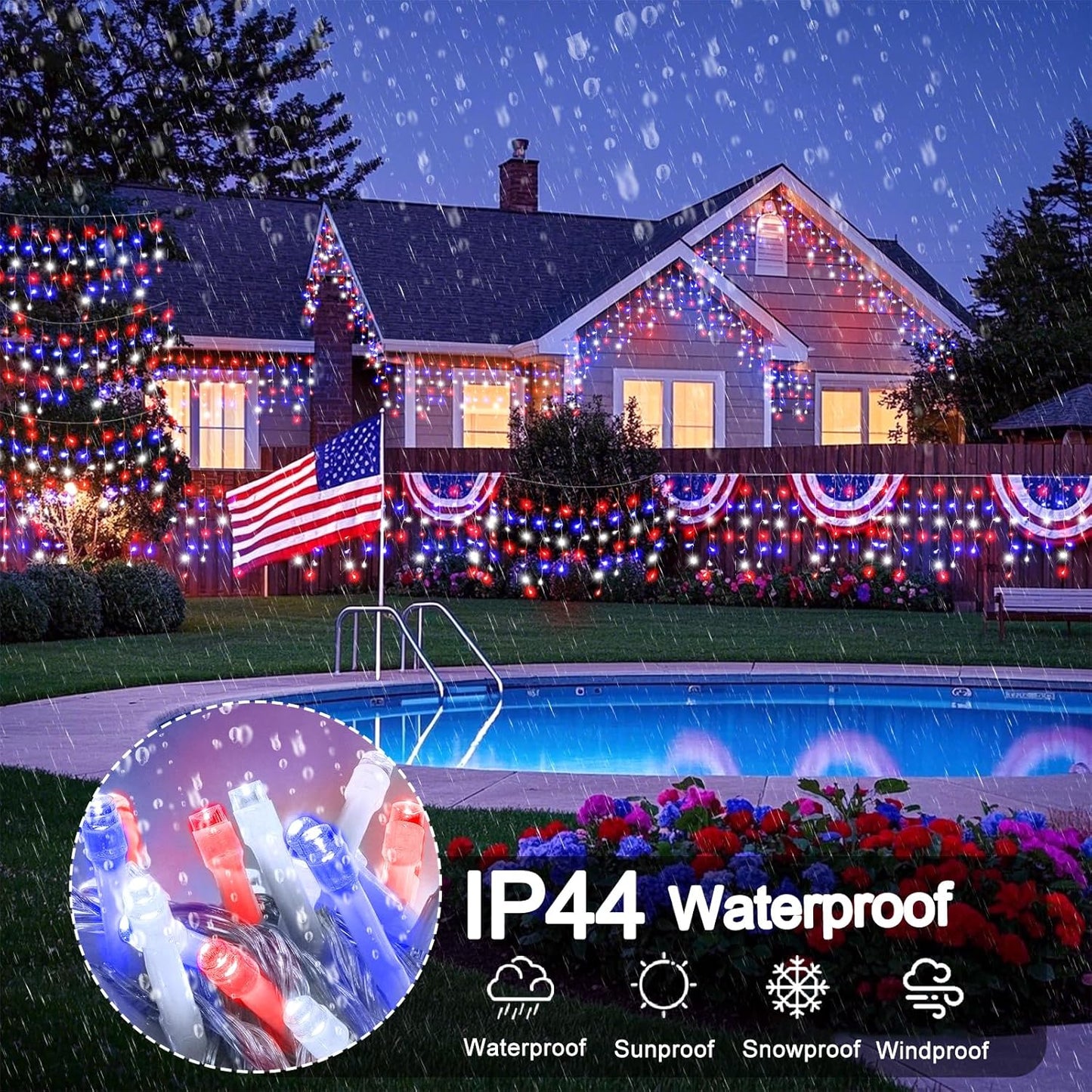 66ft 640LED Red White and Blue Lights for 4th of July Decorations Outdoor Independence Day Decorations Icicle Light for Outside, Clear Wire Connectable Twinkle Light for House Party Holiday Patio Yard