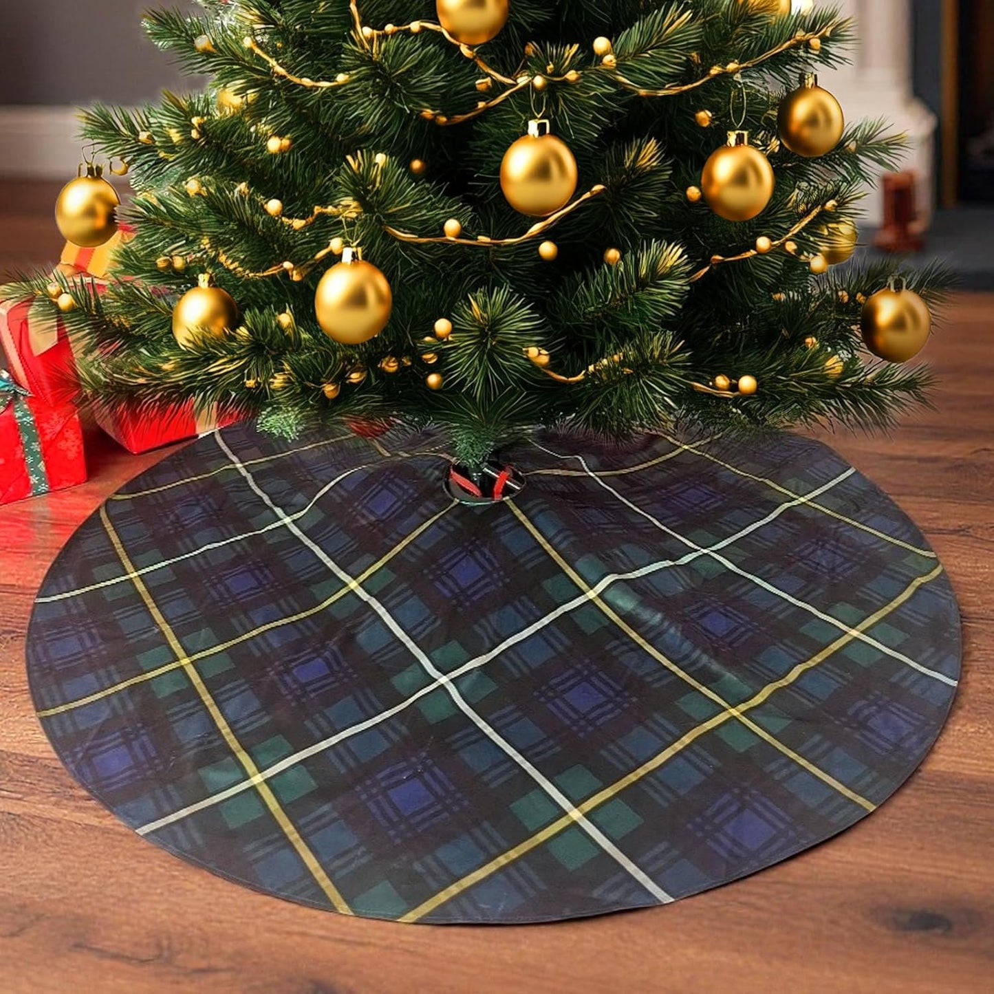 Christmas Tree Skirt 36 Inch – Campbell Clan Tartan Navy Blue and Green Plaid Tree mat for 4–6 FT Xmas Trees, Classic Scottish Holiday Decor for Farmhouse, Home, Office, Indoor or Outdoor