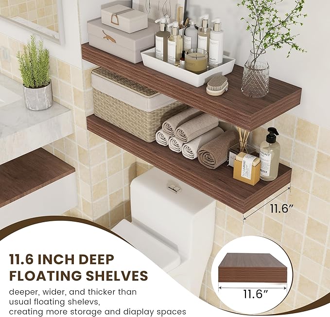 Deep Floating Shelves for Wall, 36'' x 12'' Rustic Large Floating Shelves Set of 2, 12 Inch Deep Walnut Wood Wall Shelves for Living Room Bathroom Laundry Room Bedroom Kitchen Home Office - Walnut