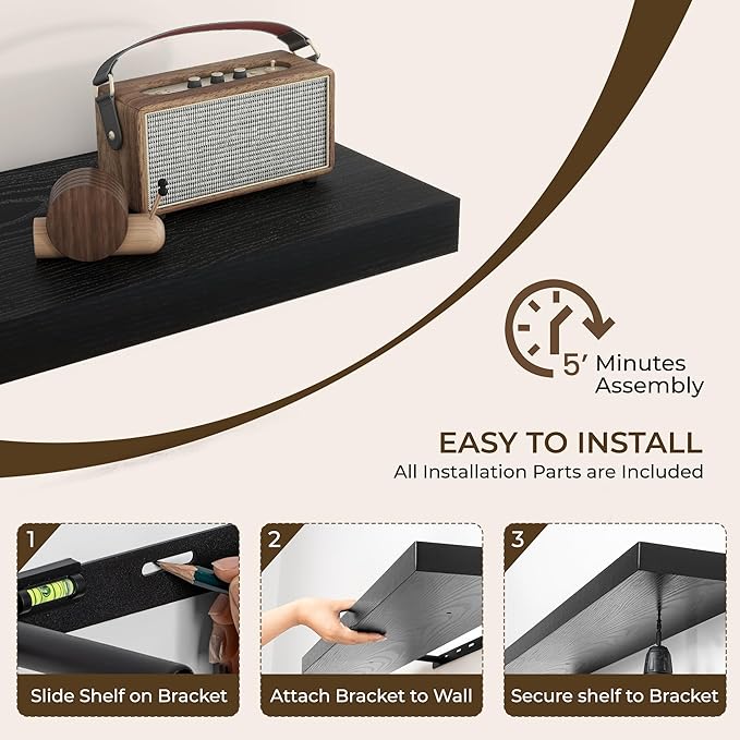 RICHFOCUS 72Inch Floating Shelves for Wall 1 Pack Shelves for Bedroom|Kitchen|Bathroom Wall Mounted Rustic Wood Floating Shelf with Invisible Brackets for Books|Storage|Decor, Black