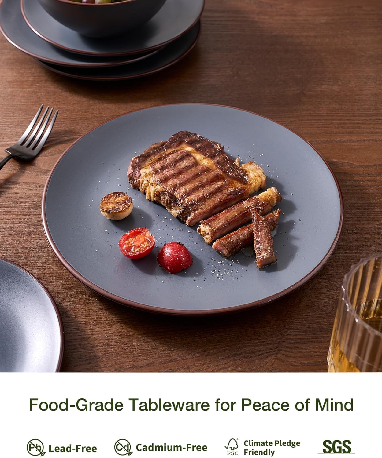 Famiware Venus Ceramic Plates and Bowls Sets, Speckled Dinnerware Dish Sets for 8 (24 Pieces) - Microwave and Dishwasher Safe, Matte Charcoal