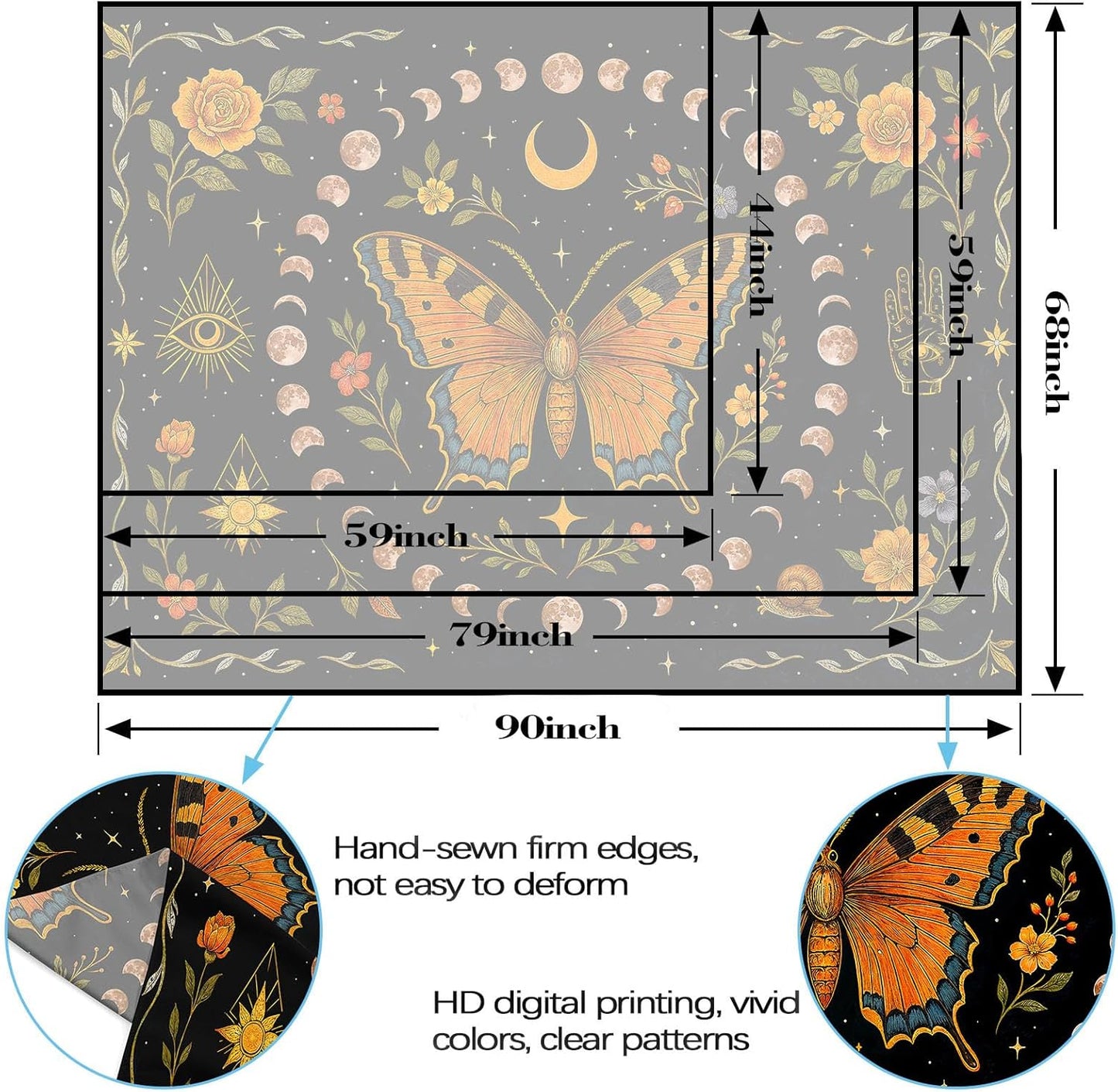 Lunerfex Moon Phase Butterfly Floral Wall Tapestry, Celestial Botanical Tapestries for Room Decor, Mystical Tapestry 60x44 Inch