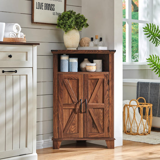 Corner Bathroom Cabinet, Farmhouse Small Cabinet with Barn Door & Adjustable Shelf, Storage Cabinets for Bathroom, Kitchen & Living Room, Brown