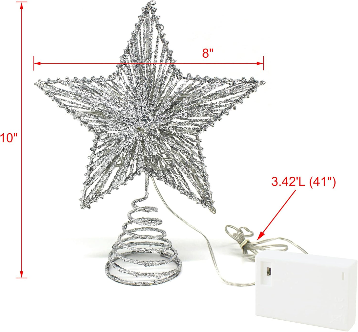 CVHOMEDECO. Silver Glittered 3D Tree Top Star with Warm White LED Lights and Timer for Christmas Tree Decoration and Holiday Seasonal Décor, 8 x 10 Inch