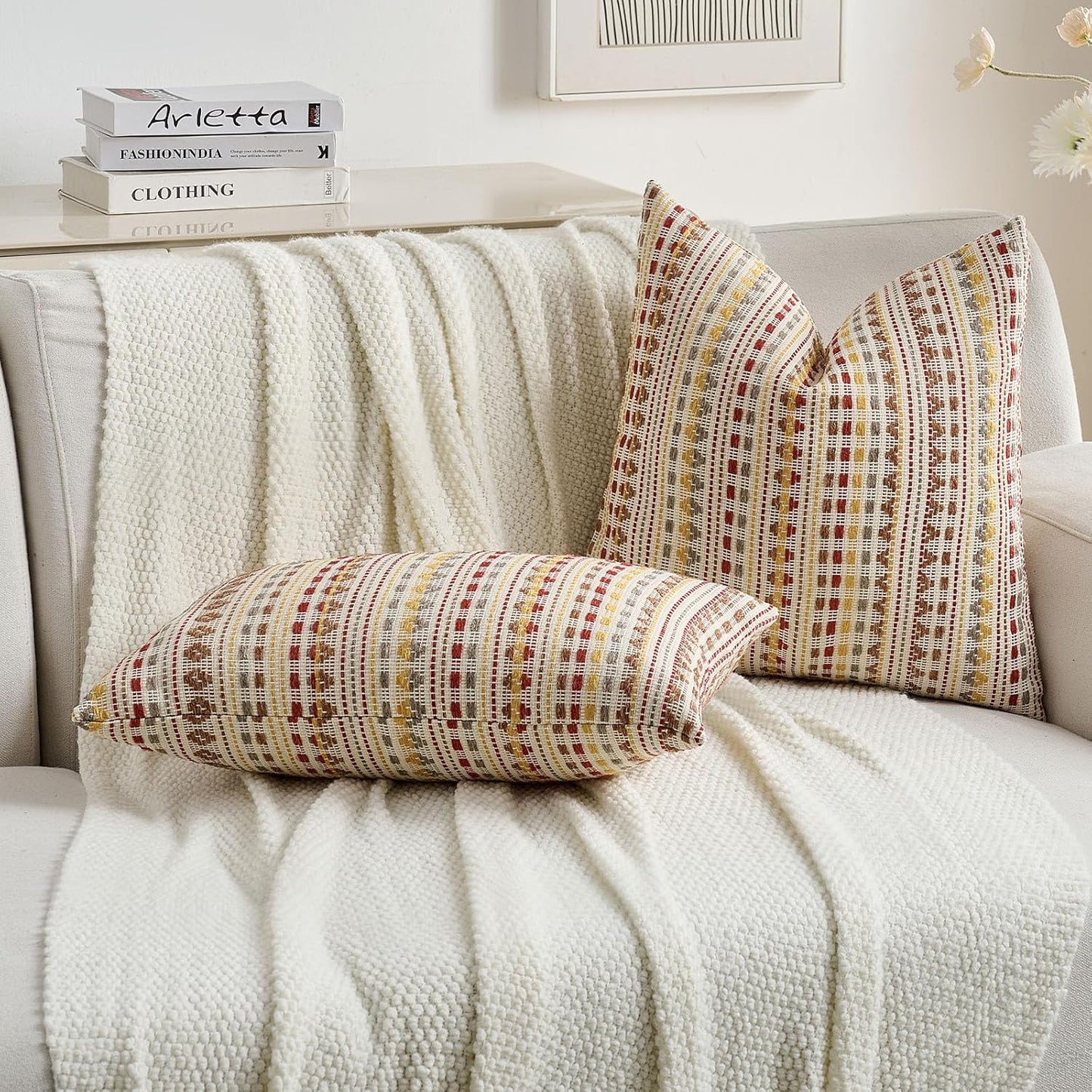 FUTEI Brown Red Decorative Throw Pillow Covers 20x20 Inch Set of 2,Soft Cozy Chenille Jacquard Textured Cushion Case,Boho Home Decor for Couch Bed Living Room