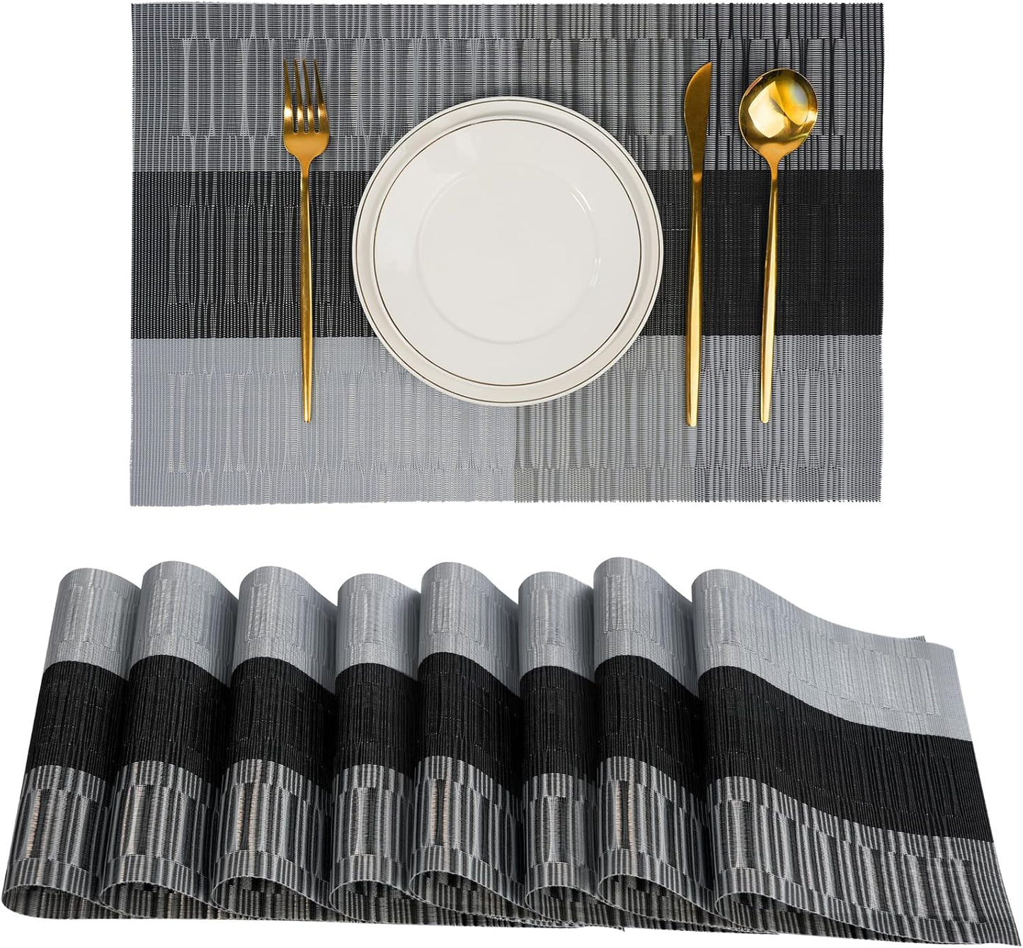 Placemats Set of 8，Non-Slip PVC Weave Table Mats Easy to Clean，Heat Resistant Place Mats for Kitchen Dining Table Decoration Indoor Outdoor，Black Gray