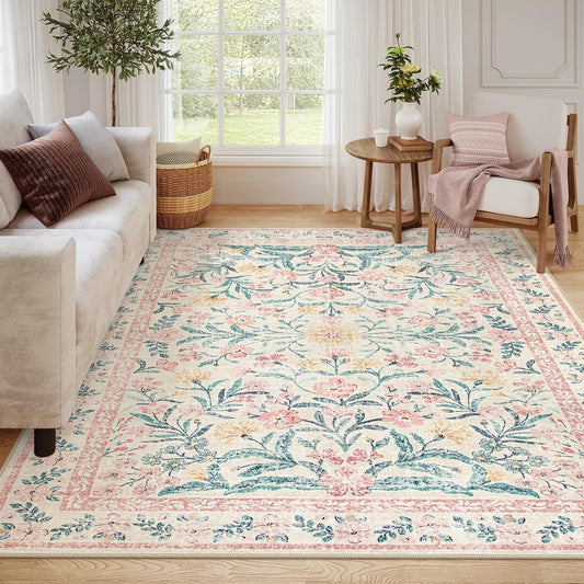 Wonnitar 8 x 10 Area Rugs for Living Room, Boho Large Washable Bedroom Rug 8x10, Soft Pink Floral Carpet Non Slip, Low Pile Indoor Carpet for Girls Room Playroom Nursery