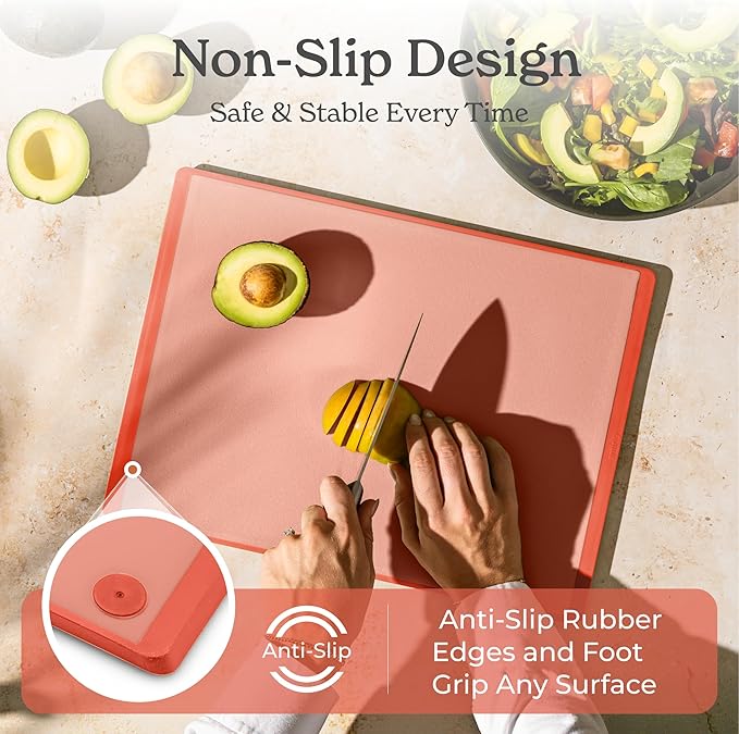 SMIRLY Plastic Cutting Board Set with Holder 3 Pieces, Non-Slip Dishwasher Safe Chopping Boards for Kitchen, Pink