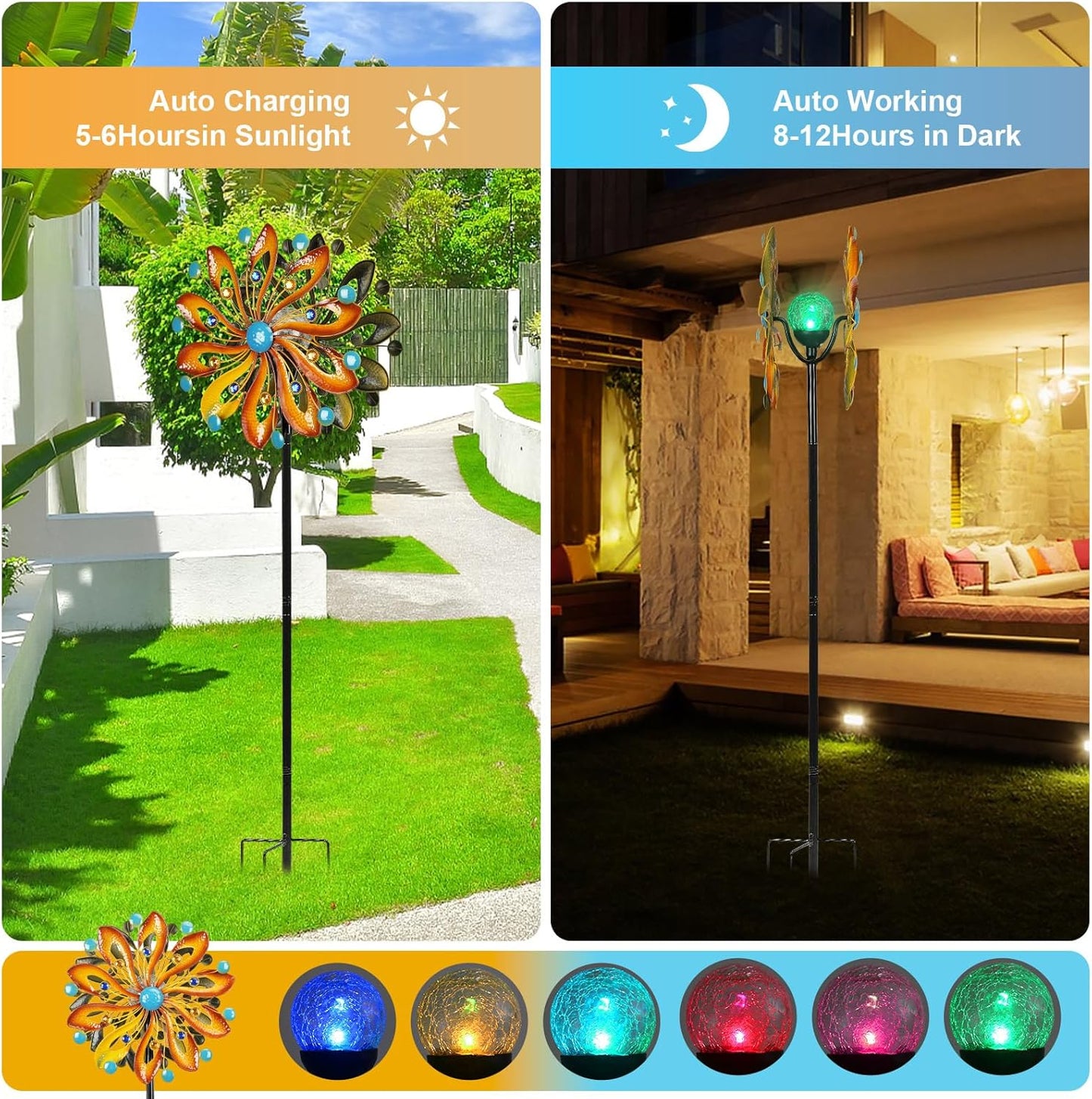 Wind Spinners for Yard and Garden - Wind Sculptures & Spinners 75 in Garden Kinetic Art with Solar Powered Multi-Color Glass Ball Light - Gradient Brown
