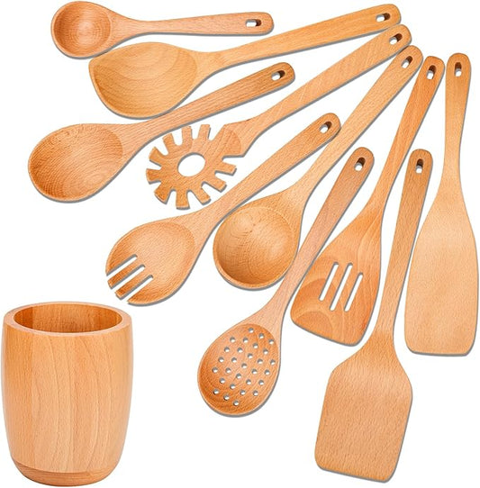 11 PCS WOSPONFAN Kitchen Utensils Set - Wooden Spoons for Cooking, Natural Beech Wood Wooden Utensils - Includes Wooden Spoons, Spatula Set, Slotted Spoon - Handmade Wooden Spoon Set