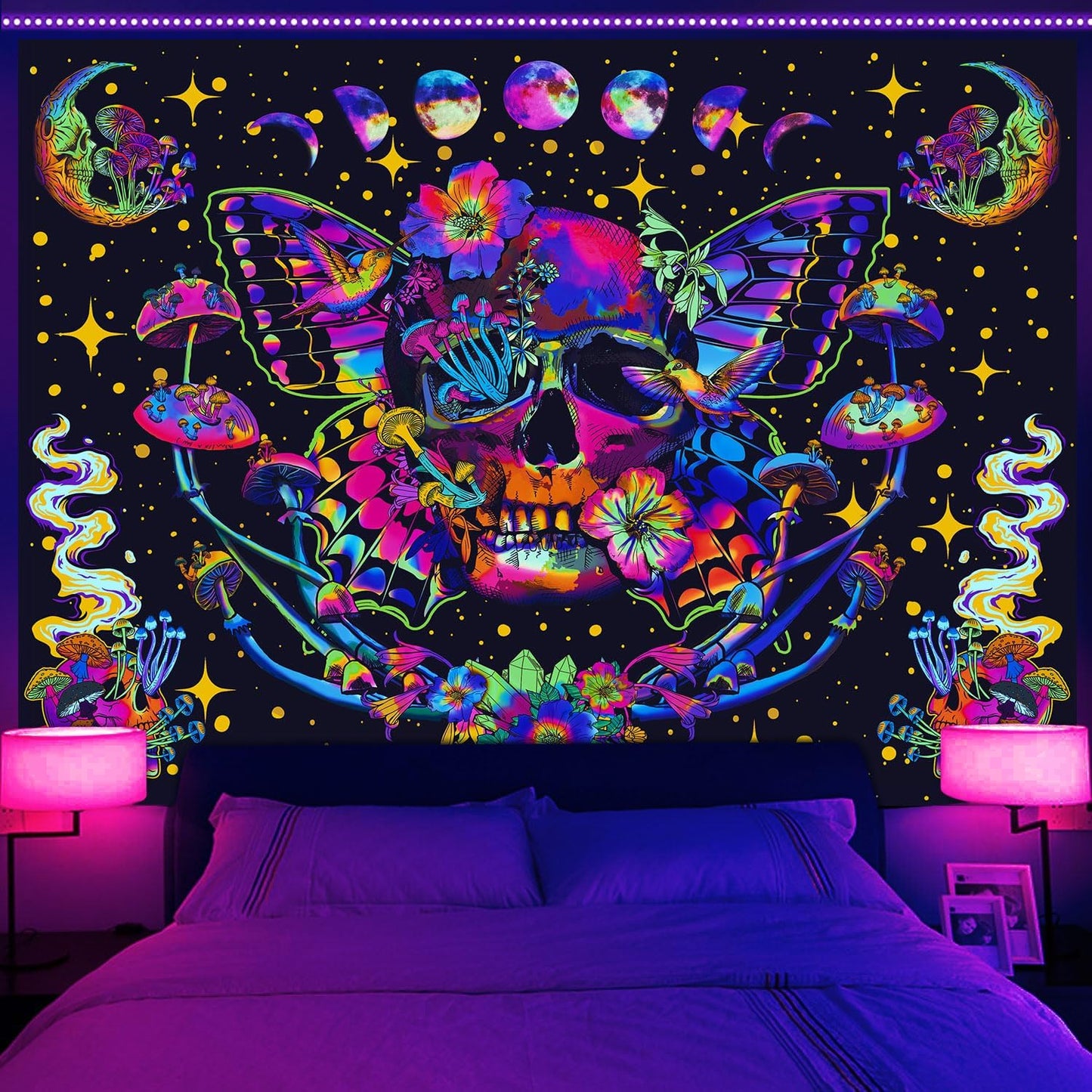 Xiaoput Blacklight Skull Tapestry, UV Reactive Mushroom Butterfly, Aesthetic Moth Moon Flowers, Hippie Skeleton Wall Hanging for Bedroom, Living Room, Home, Dorm 80x60IN
