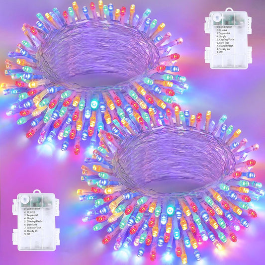 2 Pack String Lights Battery Operated with Timer, 66FT 200 LED Waterproof Battery Twinkle Lights, 8 Modes Fairy Light for Indoor & Outdoor Party Bedroom Garland Tree Christmas Decorations (Multicolor)