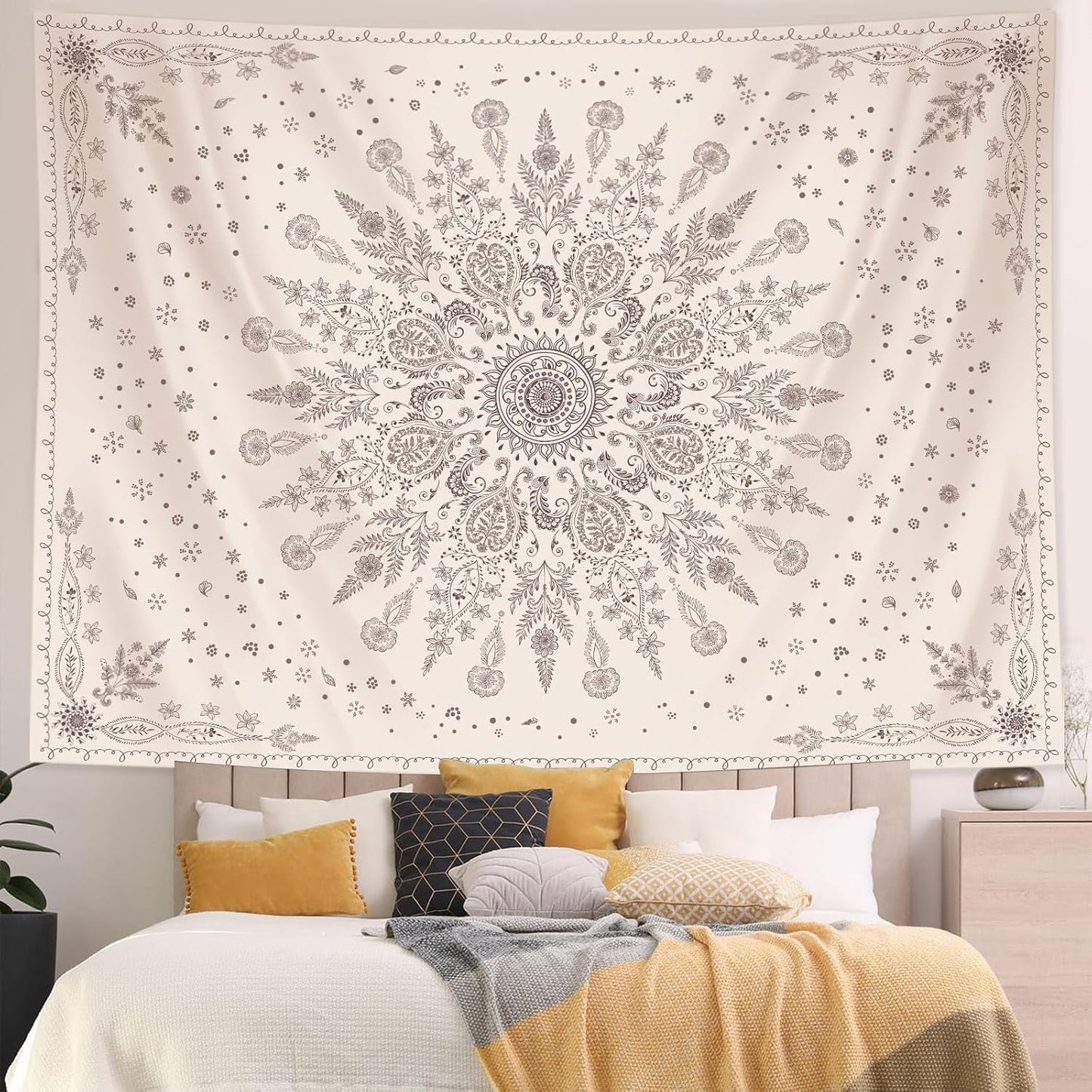 Lunerfex Boho Floral Tapestry Mandala Wall Tapestry, Cute Tapestries for Bedroom Beige Flower Tapestries Wall Hanging for Bedroom Living Room Decor Beige-1 70"x90"