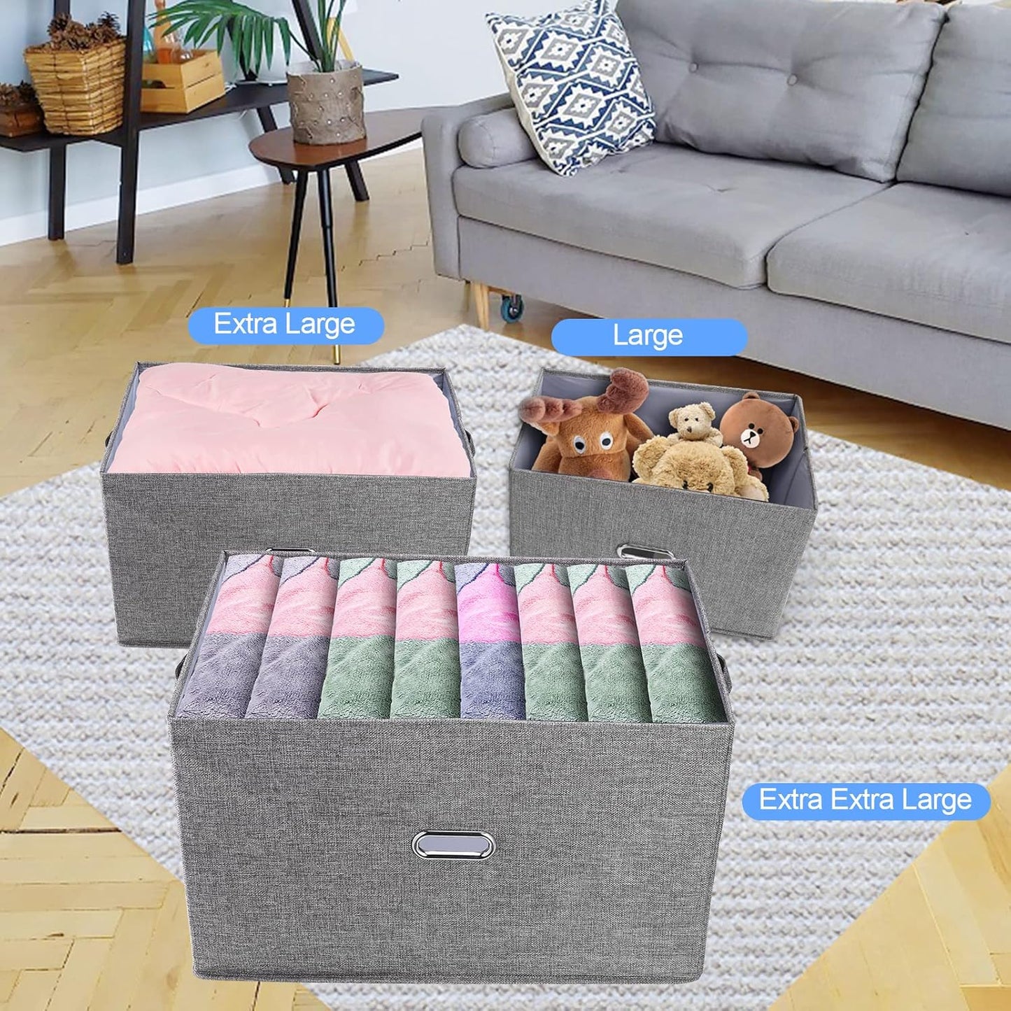 Large Linen Fabric Foldable Storage Bins with Removable Lid and Handles, Washable Storage Box Organizer Containers Baskets Cube with Cover for Bedroom,Office(Black, XXL(2-Pack))