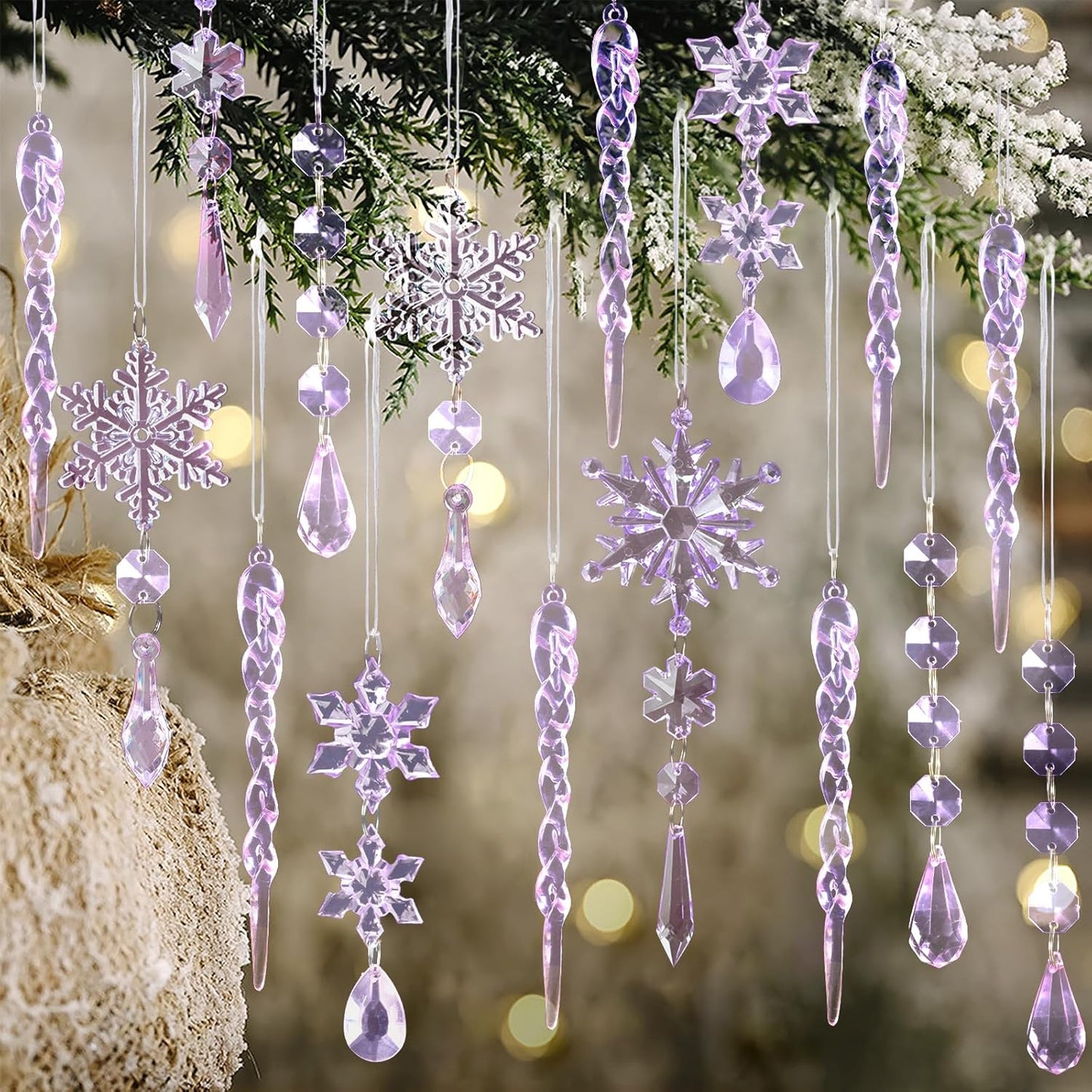 32pcs Crystal Christmas Ornaments for Christmas Tree Decorations-Purple Hanging Acrylic Snowflake and Icicle Ornaments with Drop Pendants for Xmas Winter Wonderland New Year Party Decorations Supplies