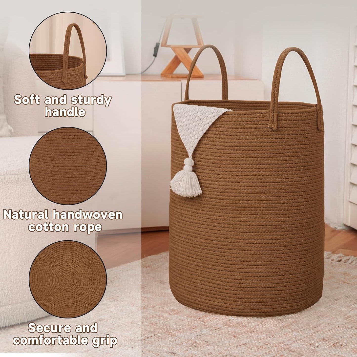 Large Woven Laundry Basket Hamper,100L Cotton Rope Storage Bin for Blankets,Toys and Clothes,Decorative Tall Nursery Hamper for Living Room,Baby Nursery,Bathroom and Bedroom,Golden Jute