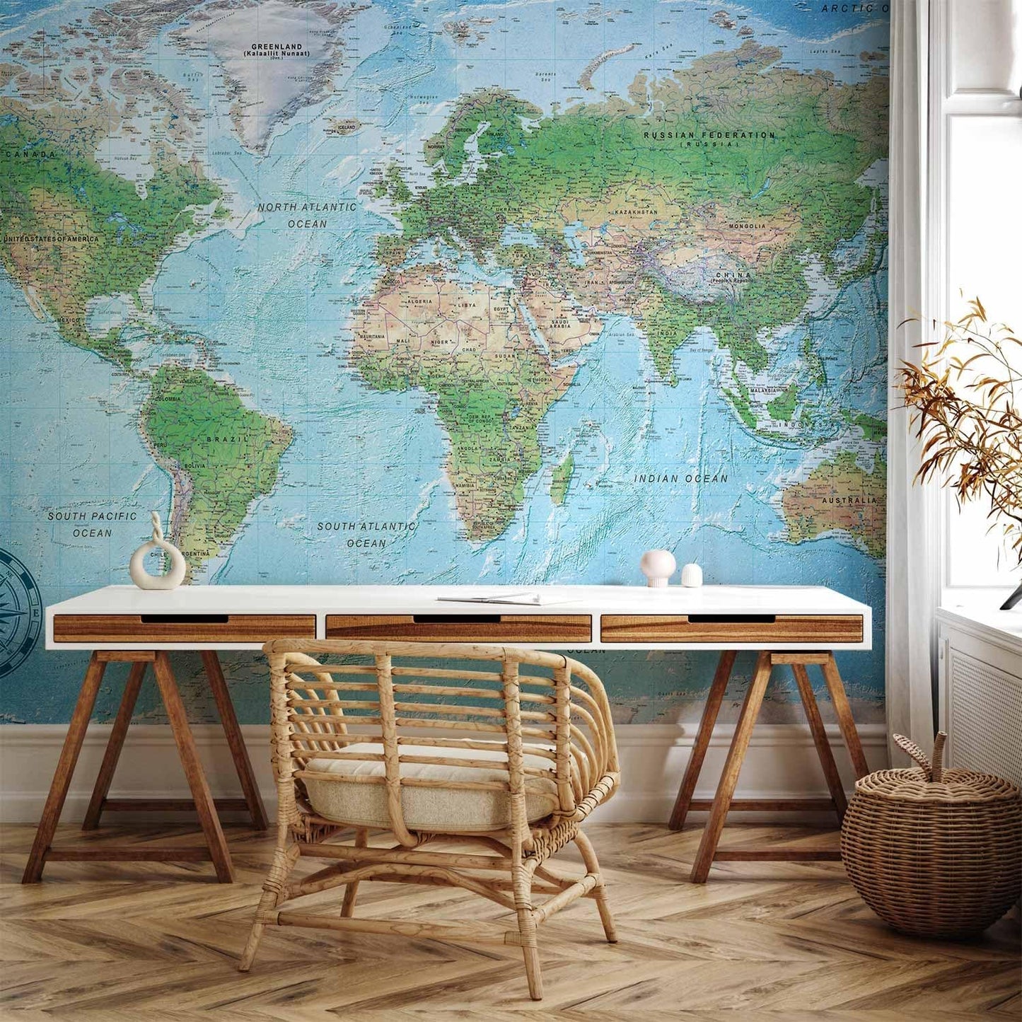 artgeist Premium Wall Mural World Map 157x110 in - XXL Non-Woven Wallpaper Fleece Wall Decor Photo Print Picture Image Design Home Map of The World k-A-0127-a-a