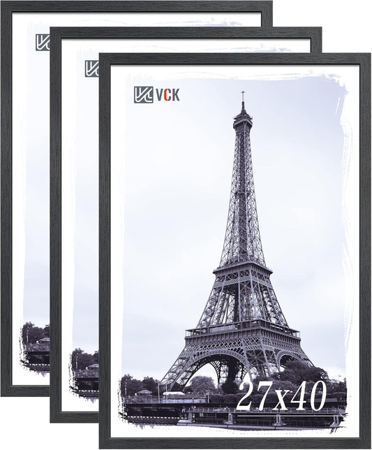 VCK 27x40 Solid Wood Poster Frames Set of 3, Exclusive Woodgrain Black Picture Frame, Wall Mounting Hanging