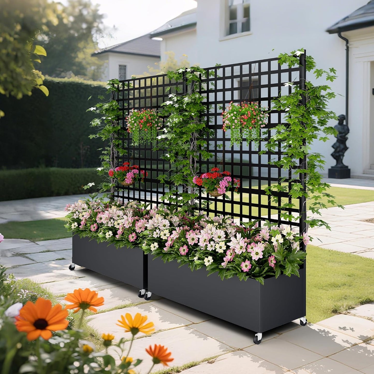 Metal Planter Box with Trellis Privacy Screen, Raised Garden Bed with Lattice Trellis & Wheels, Privacy Planters for Patio, Planter Box for Climbing Plants, Flower, 73"x 47"x 16", Black