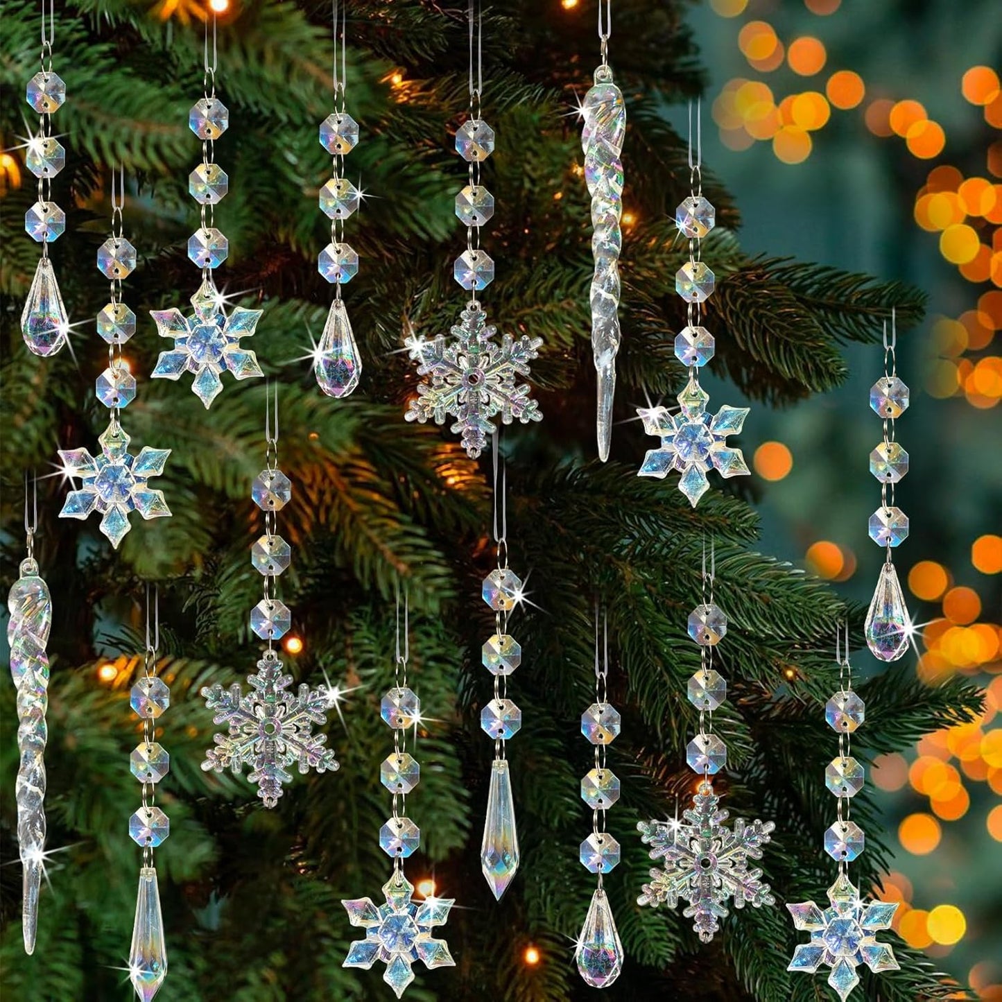 80pcs Christmas Crystal Snowflake Ornaments for Tree - Iridescent Christmas Acrylic Snowflakes Drop Icicle Pendants Hanging Ornaments for Xmas Tree Winter Holiday Frozen Wedding Party Decorations