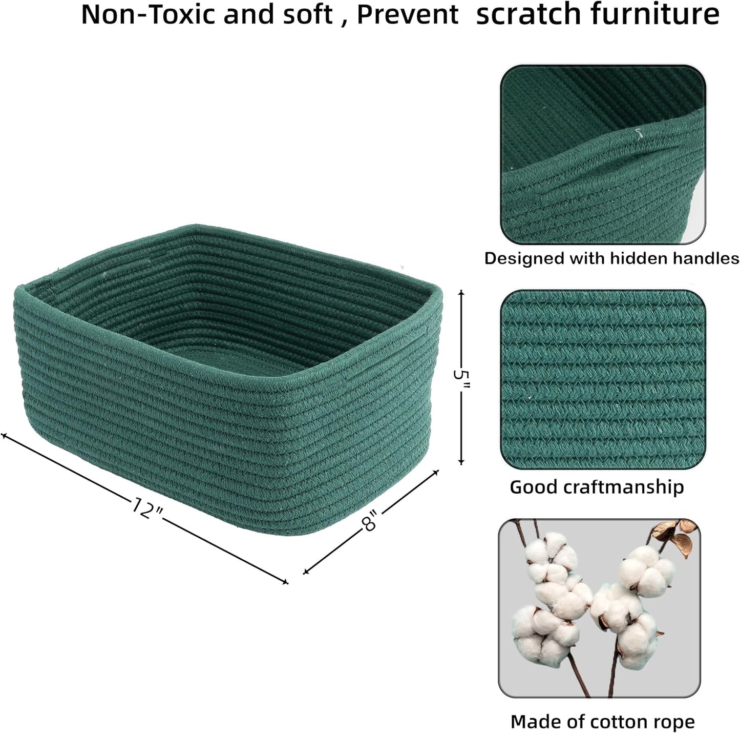 Small Woven Storage Baskets 12“X8”X5“ Decorative Rope Bins for Organizing Shelves, Closets, and Toys, Empty Gift Baskets, Cute Organizer Basket for Home and Office (dark green, regular)