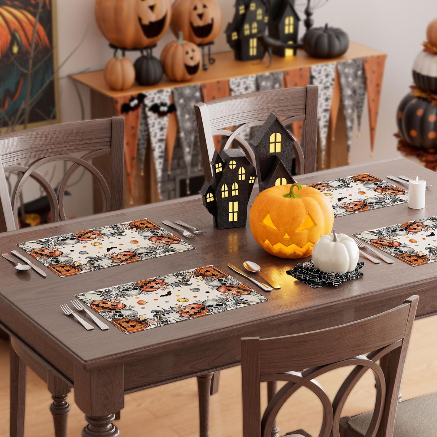 XCHI Spooky Skeleton Ghost Pumpkin Halloween Placemats Set of 6 Table Mats for Party Home Kitchen Dining Table Decorations 12x18 Inch