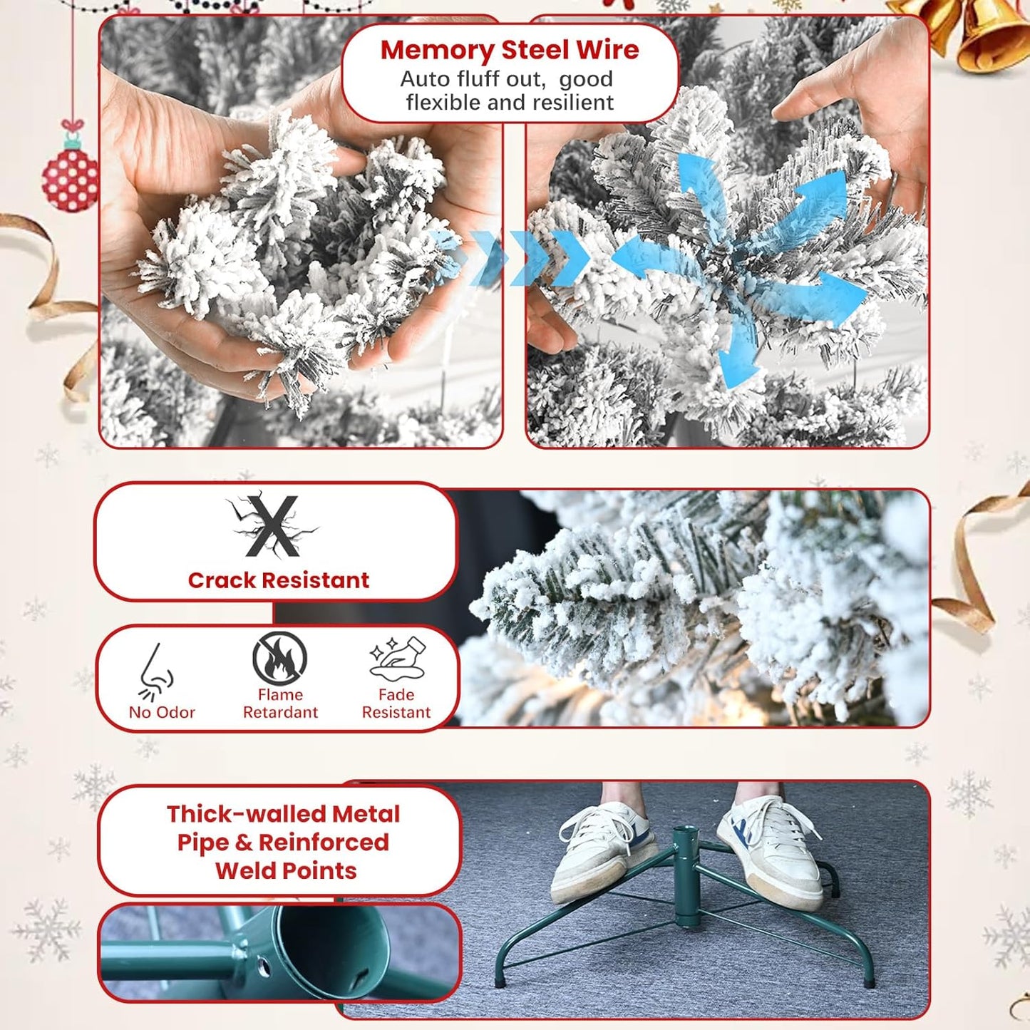 6ft Snow Flocked Christmas Tree, Unlit Artificial Holiday Christmas Pine Tree, Hinged Xmas Tree with Pine Cone, Full Appearance Snowy w/Easy Assembly, Metal Stand