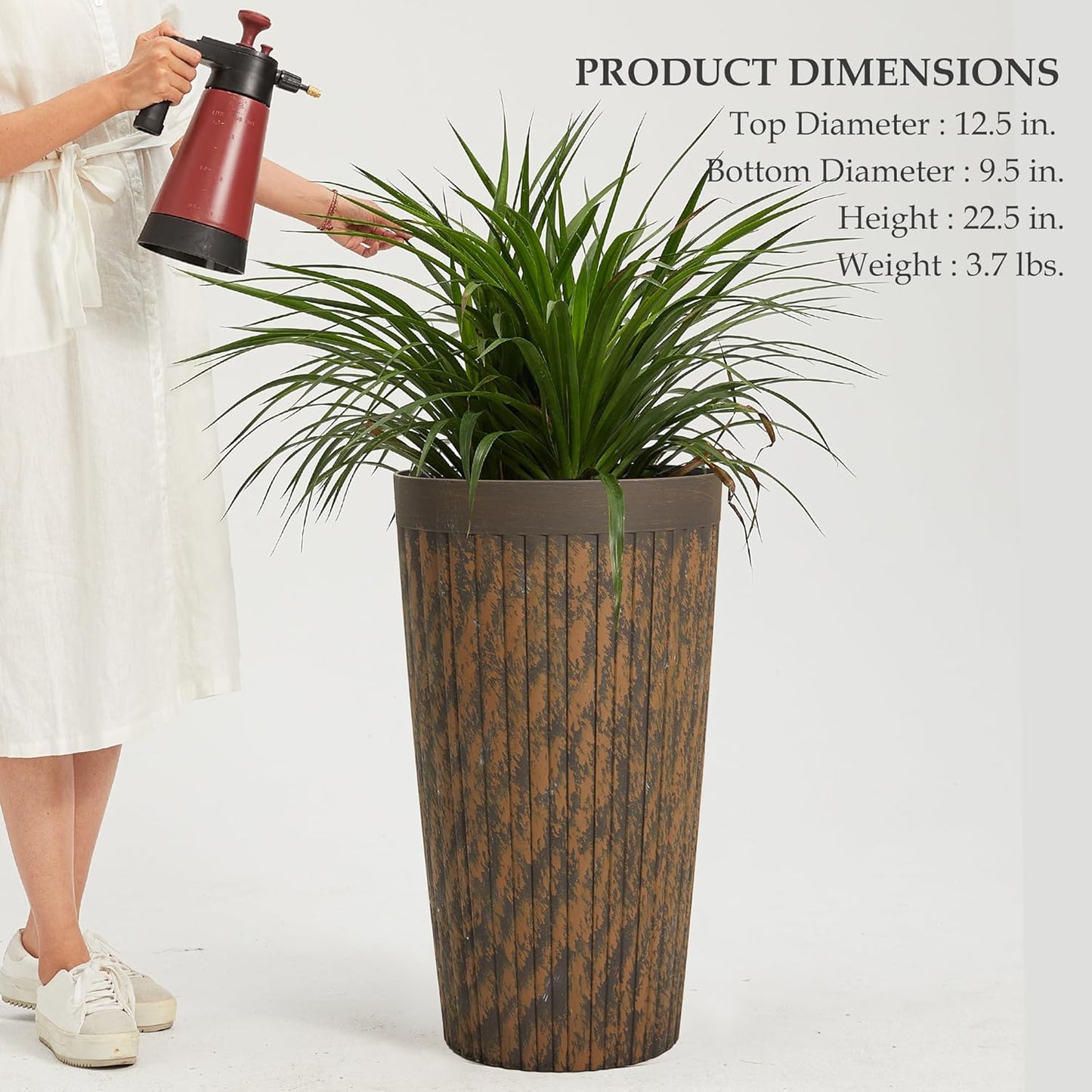 Worth Garden 22.5" H. Plastic Planters - Set of 2 Vintage Brown Tall Conical Plant Pots for Indoor Outdoor Use - Decorative Lightweight Flower Pots for Front Porch, Patio, Deck - 12.5" Dia x 22.5" H