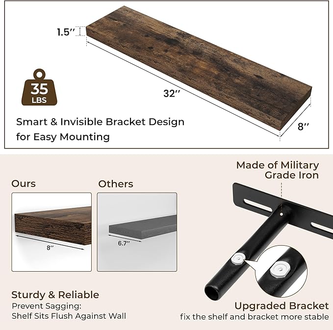 RICHFOCUS 31.5Inch Floating Shelves for Wall 2 Pack Shelves for Bedroom|Kitchen|Bathroom Wall Mounted Rustic Wood Floating Shelf with Invisible Brackets for Books|Storage|Decor, Rustic Brown