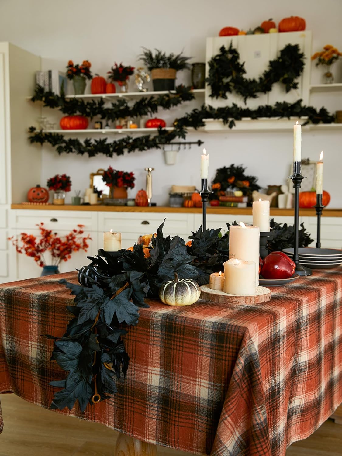 PARTY JOY Black Artificial Maple Leaf Garland - 6PCS 5.6Ft Halloween Decor, Gothic Fall Vines for Front Porch, Thanksgiving Autumn Table Centerpiece & Wall Hanging
